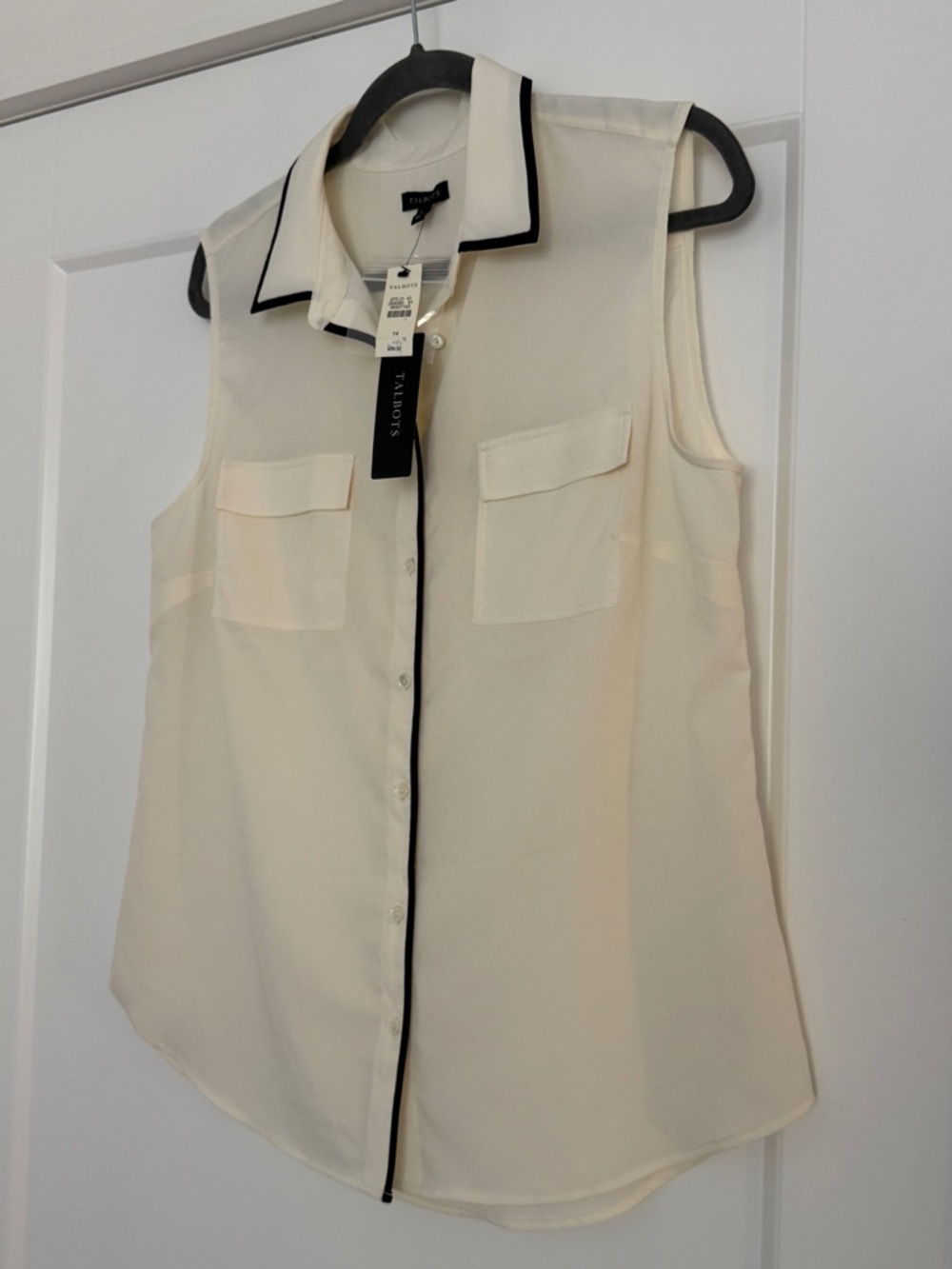 Talbots Cream Sleeveless Blouse with Black Piping